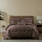 Sepia Shadow duvet cover set with brown tone-on-tone florals and coordinating pillowcases styled on a bed.